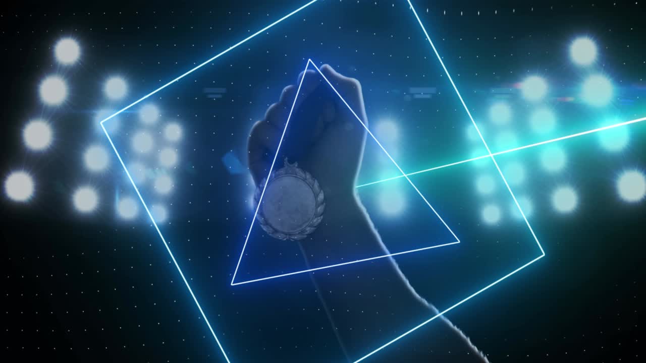 홍수 조명 스포츠 경기장에서 메달을 들고 있는 보라색 네온 스캐너의 데이터 처리 애니메이션