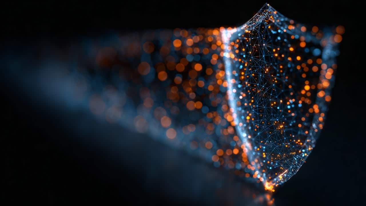 A Glowing Digital Shield: Exploring the Intersection of Technology and Security through Vivid Network Patterns and Illuminated Design Elements