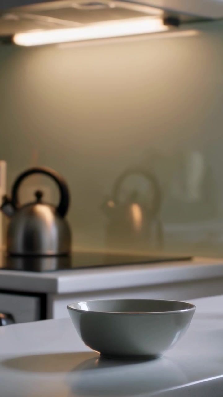 Video verticale: Donna con maglione che cammina e posa una ciotola di ceramica sul bancone della cucina accanto a una bottiglia arancione.