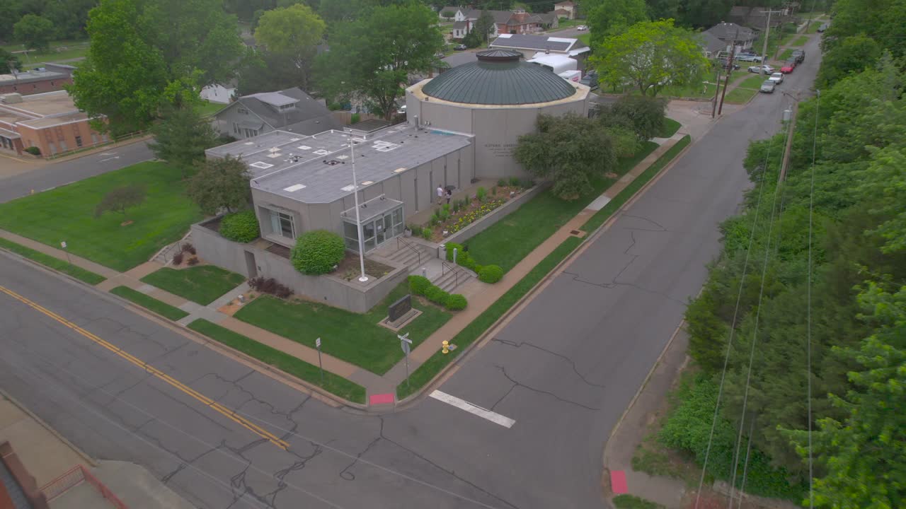 Drone moving towards the Liberty Jail a Mormon Visitor Center in Liberty Missouri