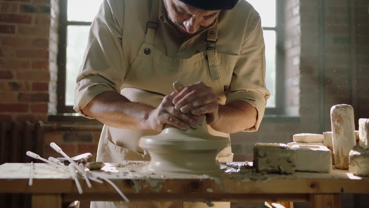 Spinning wheel urging potter centering, pulling shaping clay at studio, forming vessel with apron