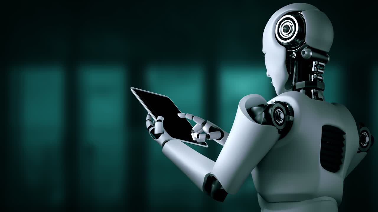 robot hominoide que utiliza una computadora tableta para el análisis de grandes datos