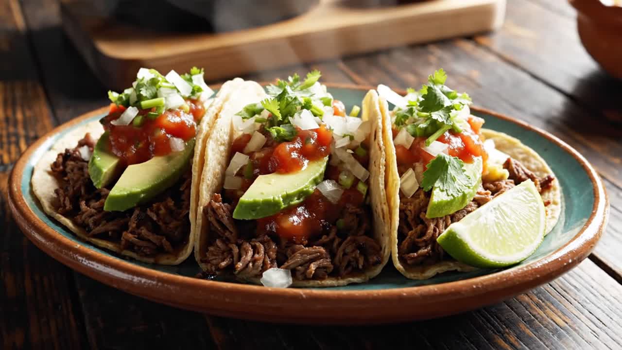 Tacos al pastor con avocado, salsa, coriandolo e lime