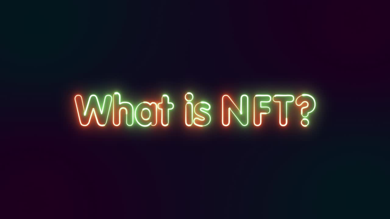 ¿qué es nft? animación de inscripción de neón. nft son tokens individuales con información valiosa almacenada en ellos. 4k
