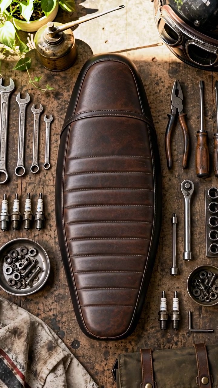 Top-down composition shows ribbed brown seat framed by neatly arranged hand tools and mechanical parts, while warm sunlight crosses scratched work surface and camera drifts gently upward.