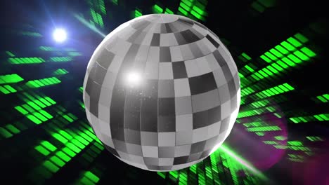 animation of flashing green lights and rotating mirror ball on black background