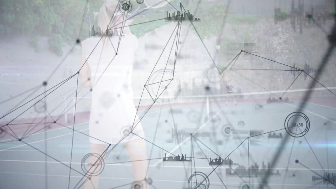 female tennis player preparing strike on hard court, showing AR sports analytics with HUD graphs