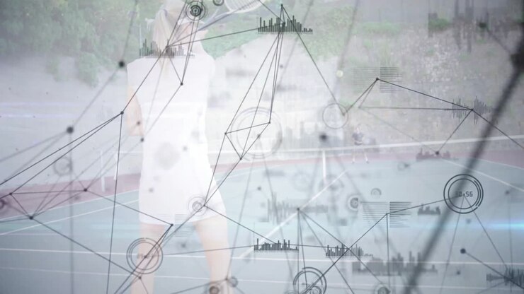 female tennis player preparing strike on hard court, showing AR sports analytics with HUD graphs