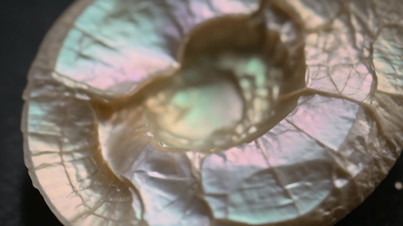 Luce cangiante che muove la madreperla, con una gocciolina che si deposita in una cavità su un tappeto scuro, rivelando sfumature iridescenti.