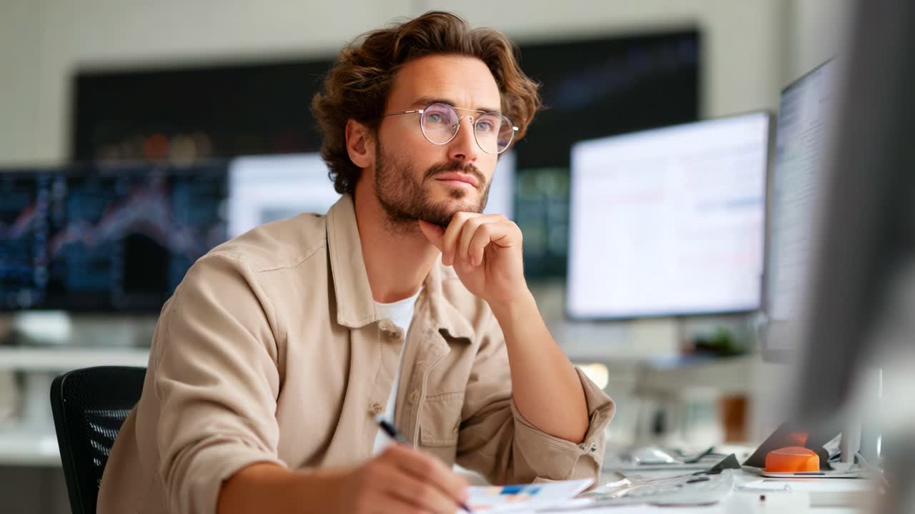 Thoughtful professional analyzing data with a pen in hand, focused on multiple screens, showcasing a modern workspace dedicated to productivity and innovation
