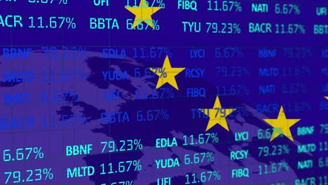 Animation-of-financial-data,-eu-flag-and-map-on-blue-background