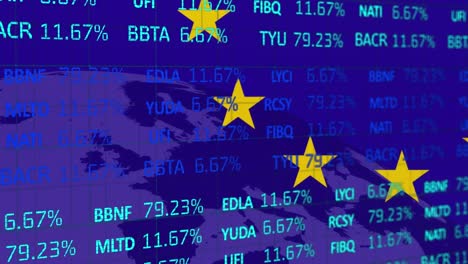 animation of financial data, eu flag and map on blue background