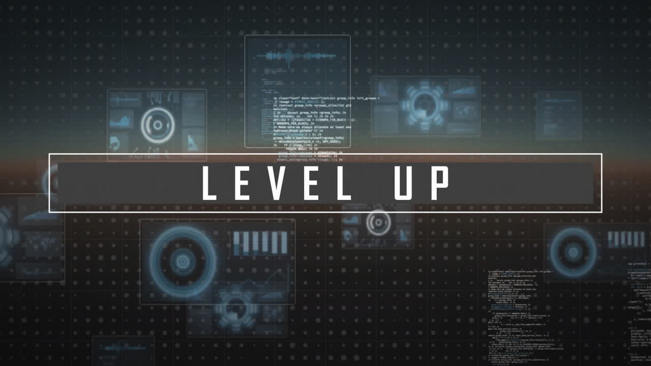 검은색 배경에 스 스캔과 함께 데이터 처리를 통해 레벨 업 텍스트의 애니메이션