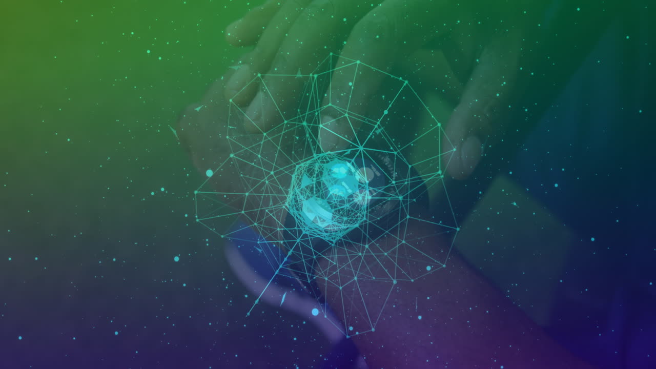 animación de redes de conexiones sobre el hombre usando smartwatch en segundo plano