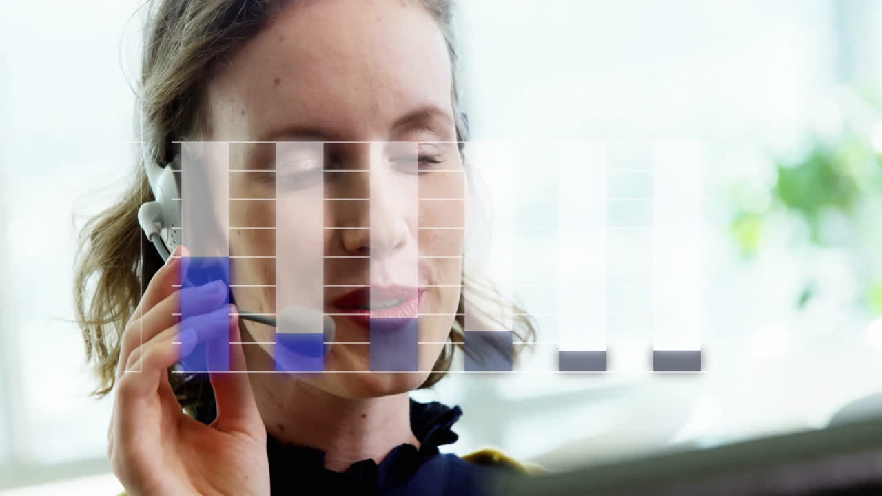 animación del procesamiento de datos financieros sobre una mujer de negocios caucásica usando auriculares de teléfono