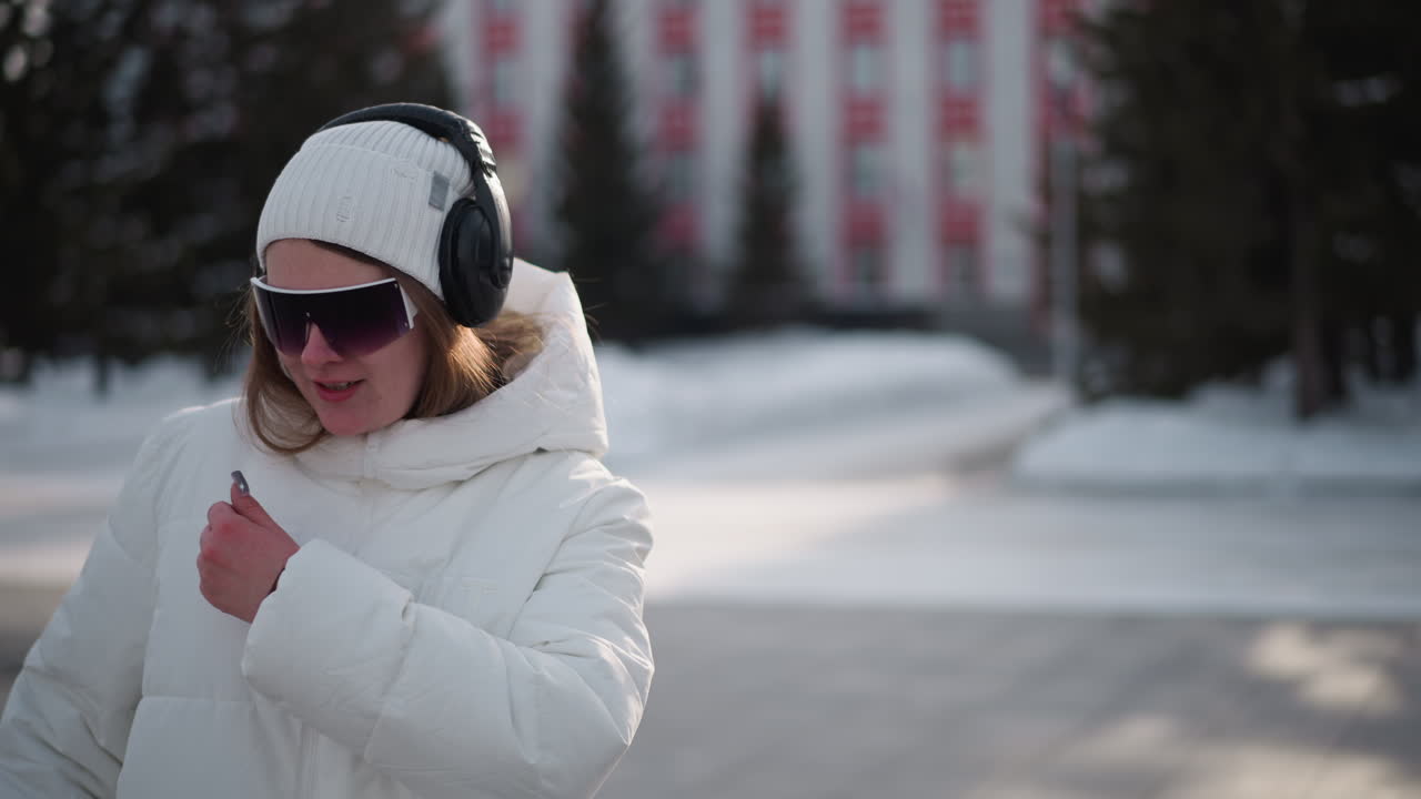 Close up of creative dancer wearing headset and mirrored glasses in white jacket dancing passionately on snowy urban walkway, expressive movement captured against blurred building and tree backdrop