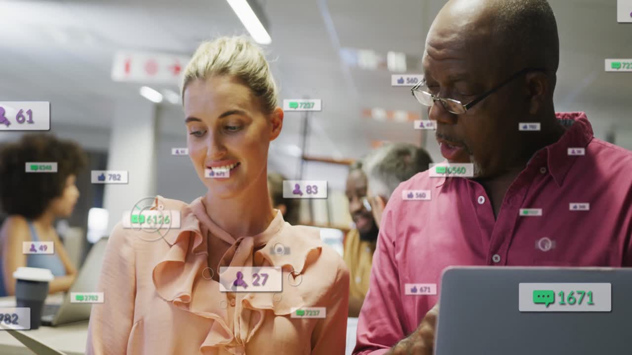 Animation of changing numbers and icons in notification bars, diverse coworkers sharing ideas