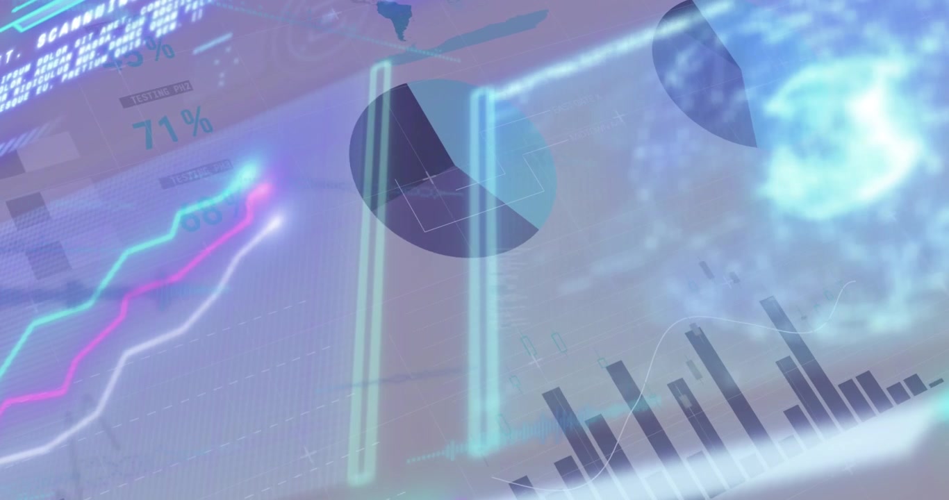 Animation of infographic data processing with graphs, charts, neon lights on digital interface