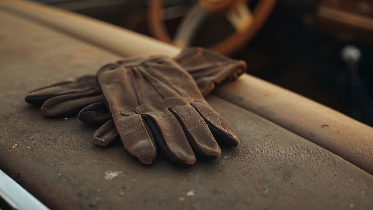 Camera pulling focus, closing on pair of brown leather gloves on dusty fender, highlighting creases