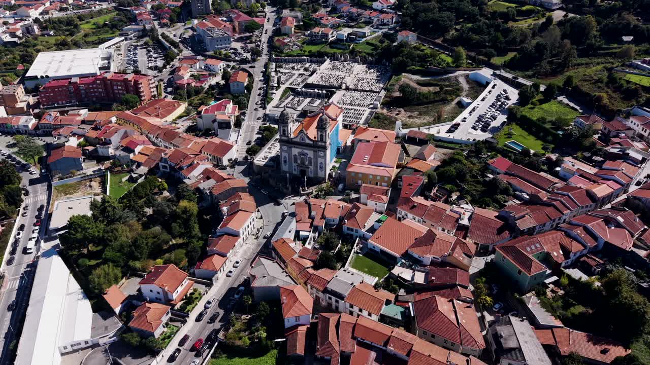 aerial view of Igreja Matriz de Valongo Portugal framed by dense rooftops