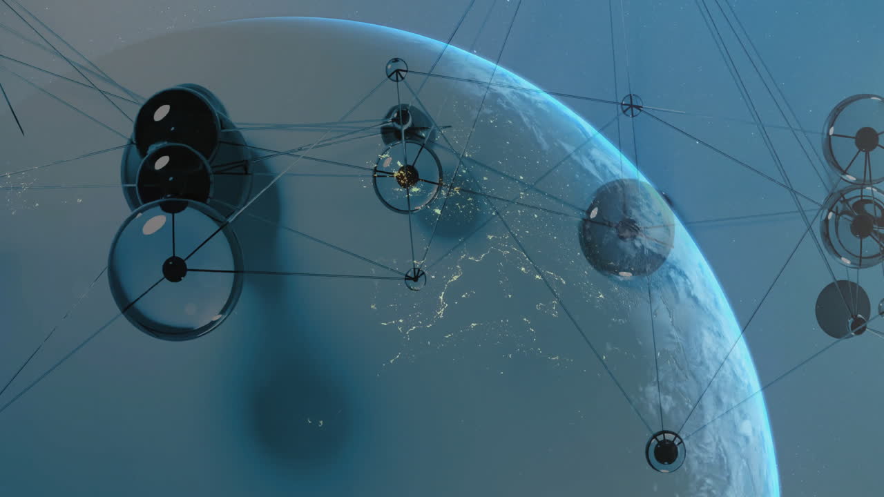 анимация спутников и сетевых соединений над землей из космоса