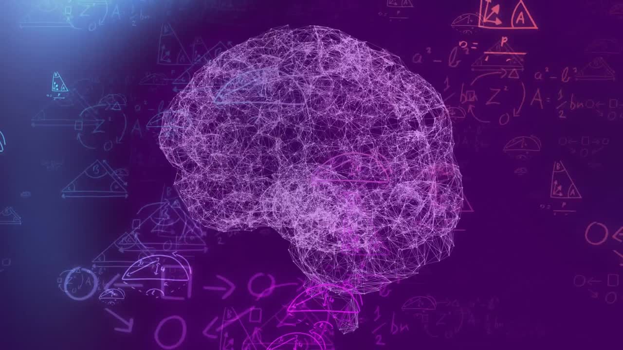 ecuaciones matemáticas contra el cerebro humano giratorio en 3d sobre un fondo púrpura