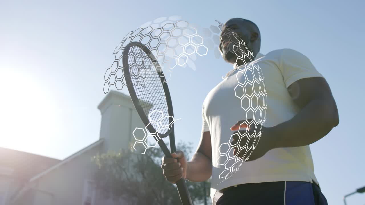 Man raising racket and tossing ball outside, animated hex grid tracking ball and forming tech globe