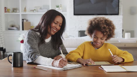 Middle-aged-woman-sitting-at-the-dining-table-doing-homework-with-her-granddaughter,-close-up