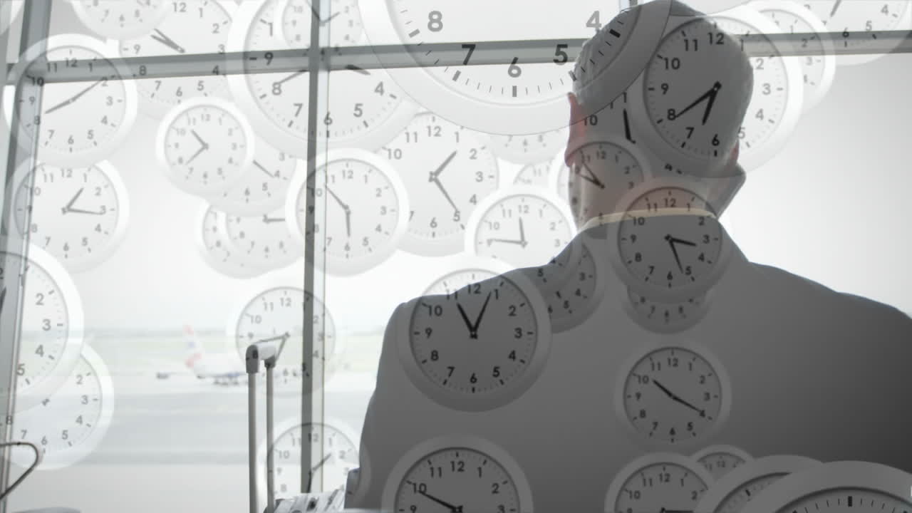 Animation of clocks moving over caucasian businessman talking on phone