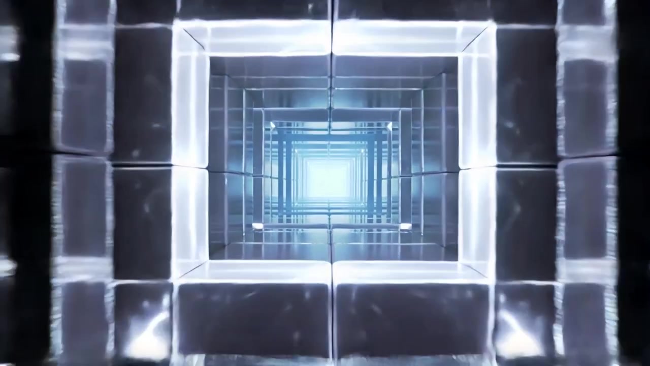 Gliding camera starting into mirrored tunnel in gallery, revealing seams inner grid bright light