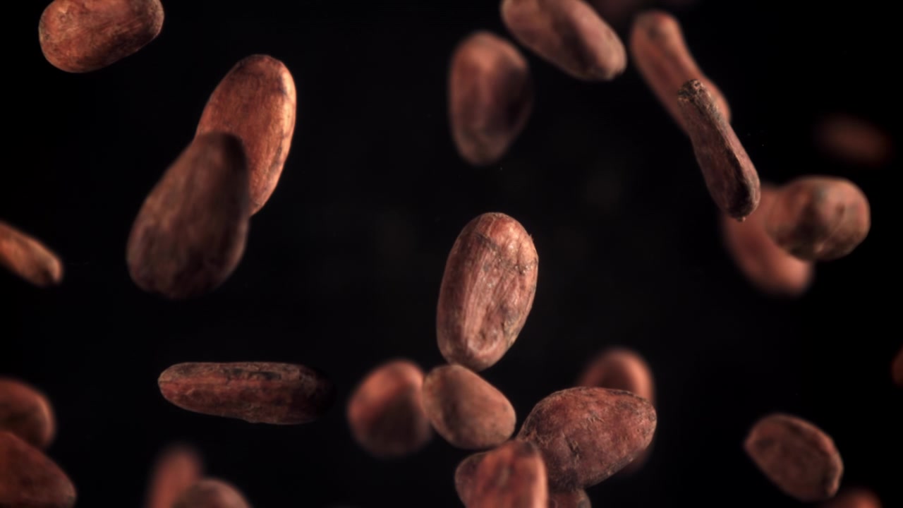 Granos de cacao crudos cayendo en súper cámara lenta sobre fondo negro.