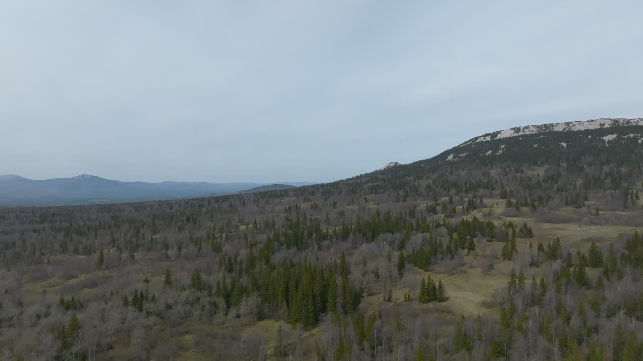 Droneoptagelser af stor taigaskov, bakker og stenet bjergkam under overskyet himmel i Zyuratkul Nationalpark, Tjeljabinsk oblast, Rusland.