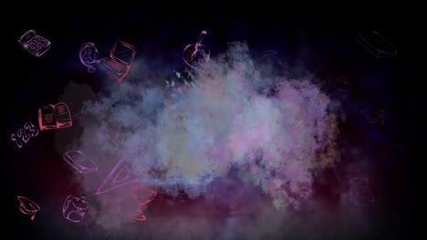 iconos del concepto de la escuela y nube de humo contra un fondo negro