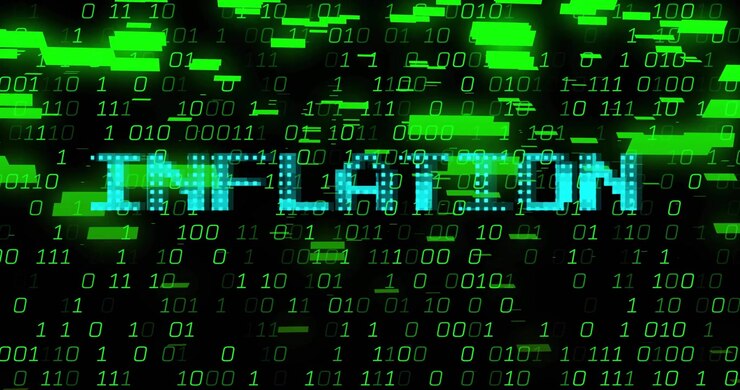 Cyaan pixel 'INFLATIE' titel flikkert terwijl toenemende ruis en groene storingen overheersen, wat verval toont