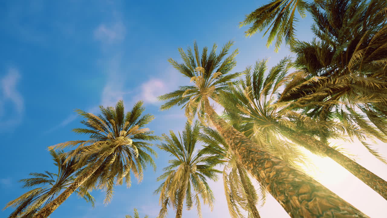 View of tall palm trees against a clear blue sky during bright sunshine