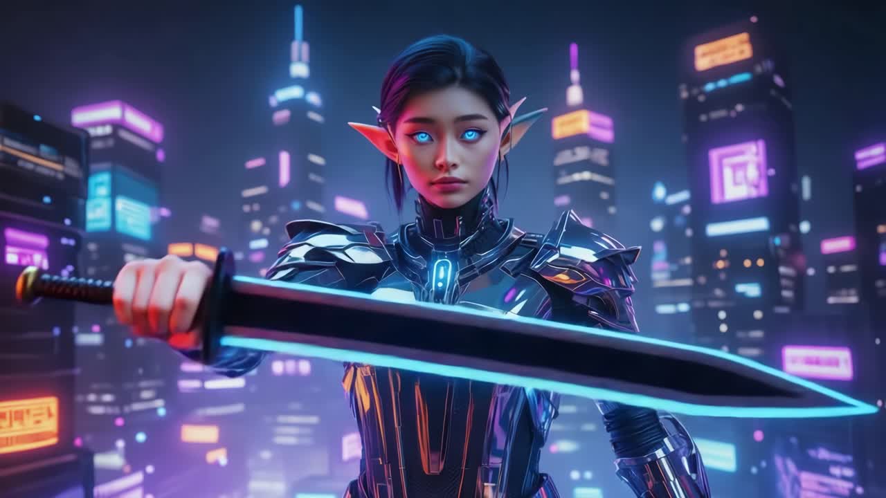 Cyberpunk Elf Warrior with Neon Blade