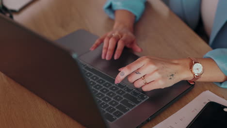Hands, business woman or laptop typing in startup