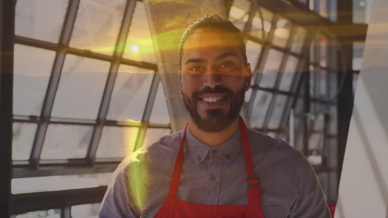 animação de paisagem sobre barista masculino biracial.