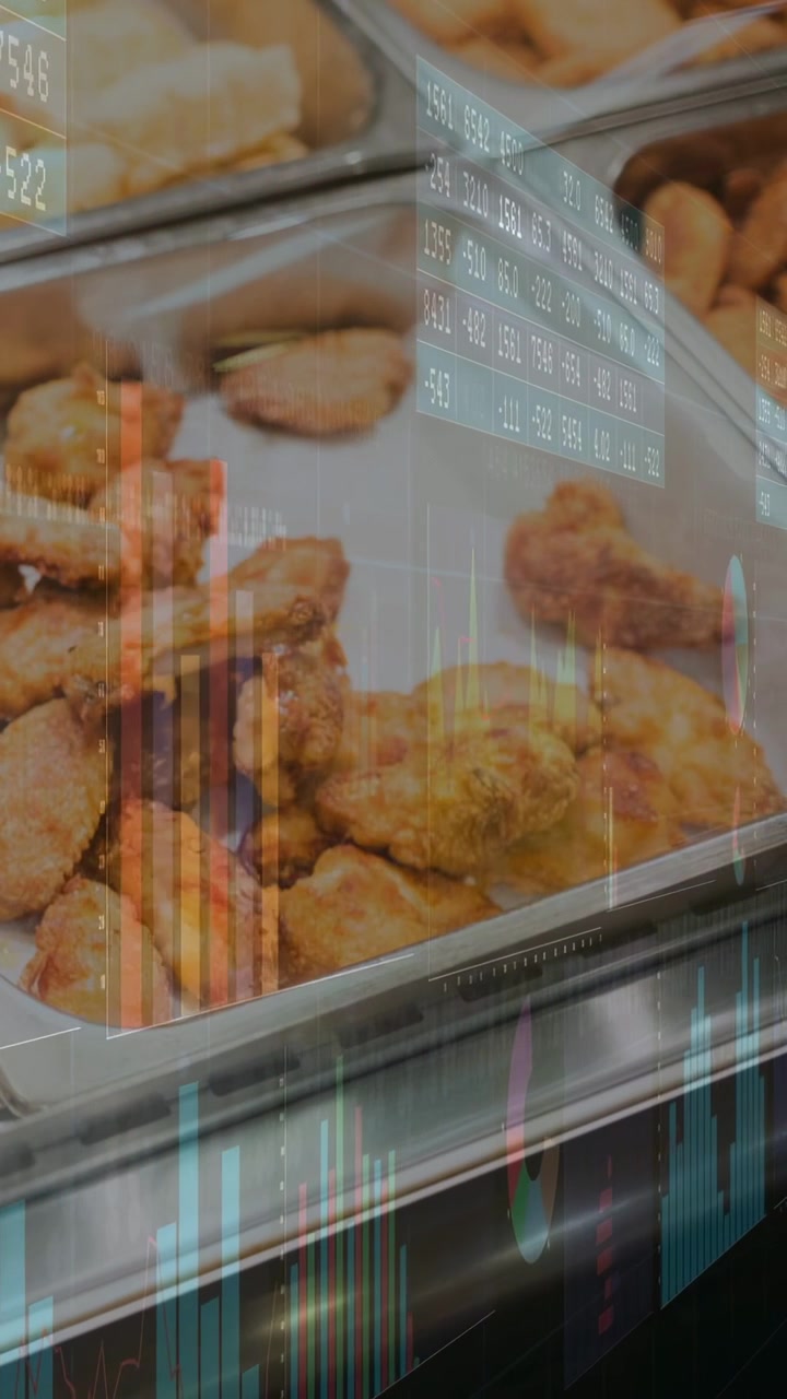 Vídeo vertical: Bandeja de metal com asas de frango fritas, gráficos aparecendo enquanto a câmera se move para a direita para dados