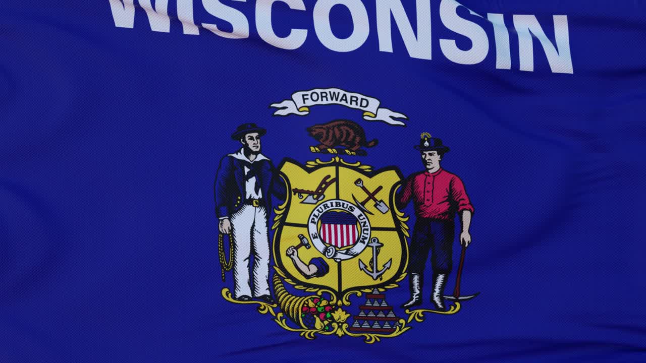 Bandiera dello stato del Wisconsin, regione degli Stati Uniti, che sventola al vento.