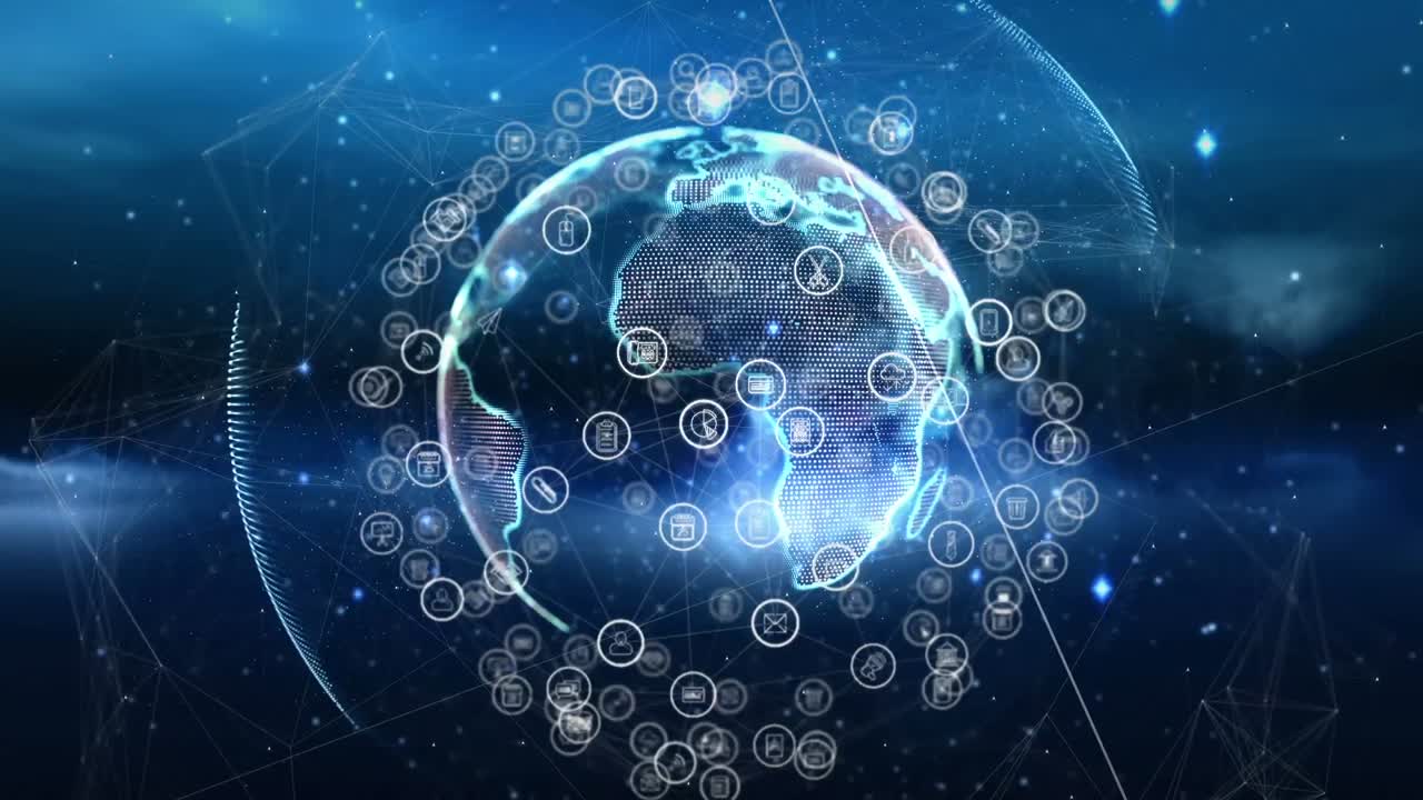 해군 배경 위의 지구, 아이콘 및 연결의 애니메이션