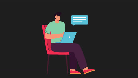 un personaje masculino en 2d hablando en línea con una computadora portátil