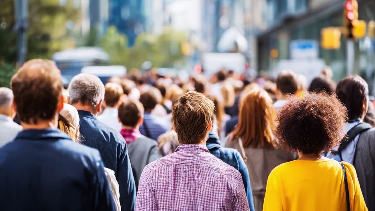 A Dynamic Scene of a Busy City Street with a Diverse Crowd of People Navigating Through Urban Life, Emphasizing Movement and the Vibrant Energy of City Living in the Modern Era