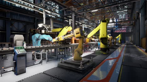 industrial robots working on an assembly line in a modern factory