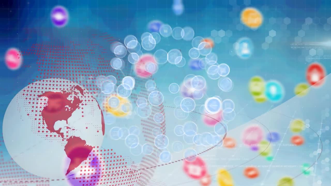 전 세계에 걸쳐 디지털 아이콘으로 연결된 네트워크의 애니메이션