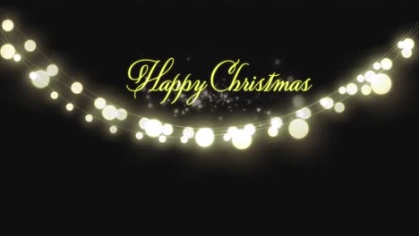 Fröhlicher-Weihnachtstext-Und-Lichtpunkte-über-Dekorativen-Lichterketten,-Die-Auf-Schwarzem-Hintergrund-Hängen