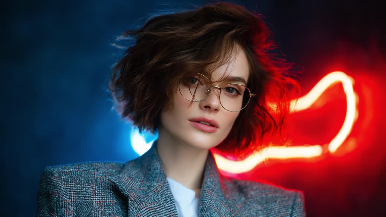 A captivating portrait showcasing a stylish woman with curly hair and glasses against a vibrant neon background, embodying elegance and contemporary fashion aesthetics
