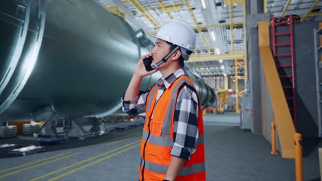 vista lateral de un ingeniero masculino asiático con casco de seguridad hablando en su teléfono inteligente mientras está de pie en una fábrica de fabricación de tuberías