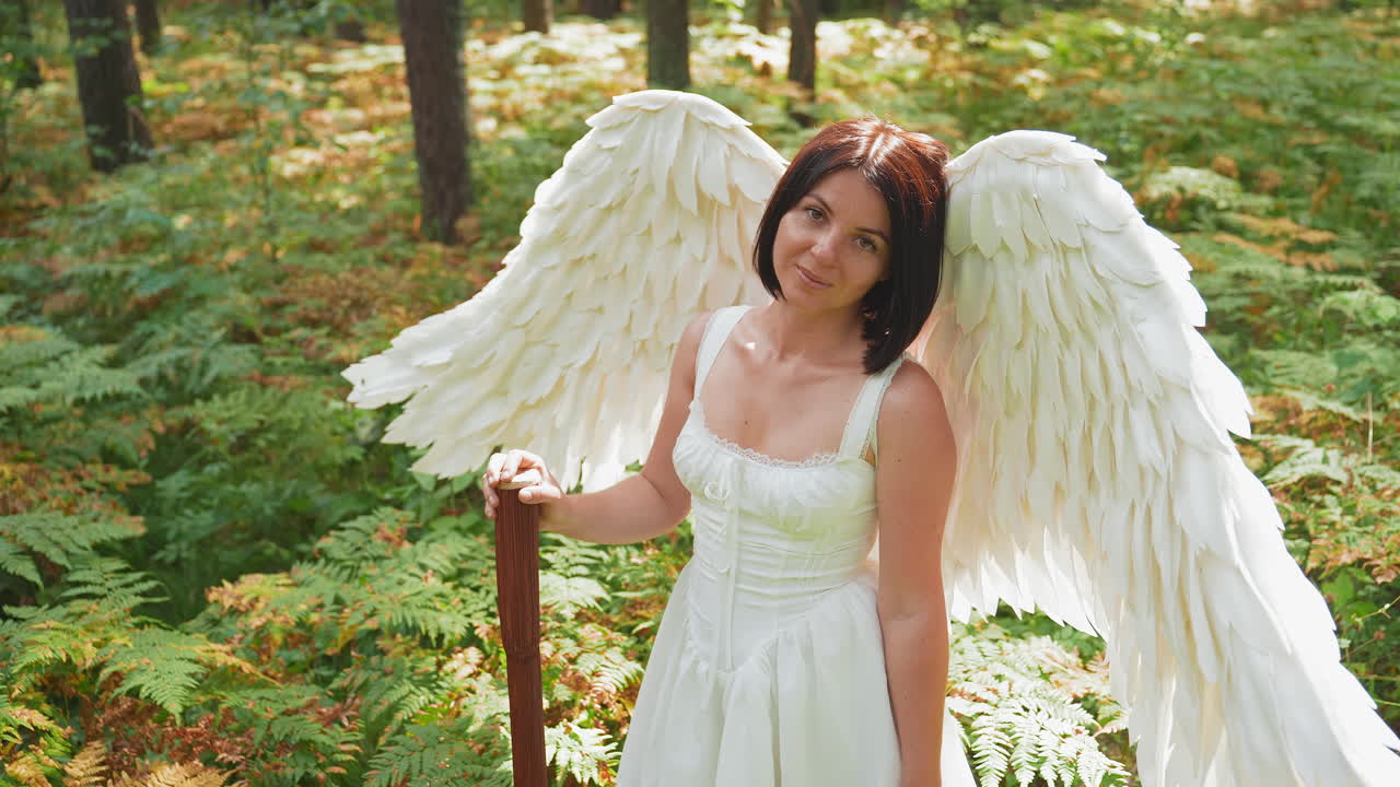 Woman dressed as angel with large white wings and wooden staff standing in sunlit forest surrounded by lush greenery smiling gently with serene expression symbolizing hope