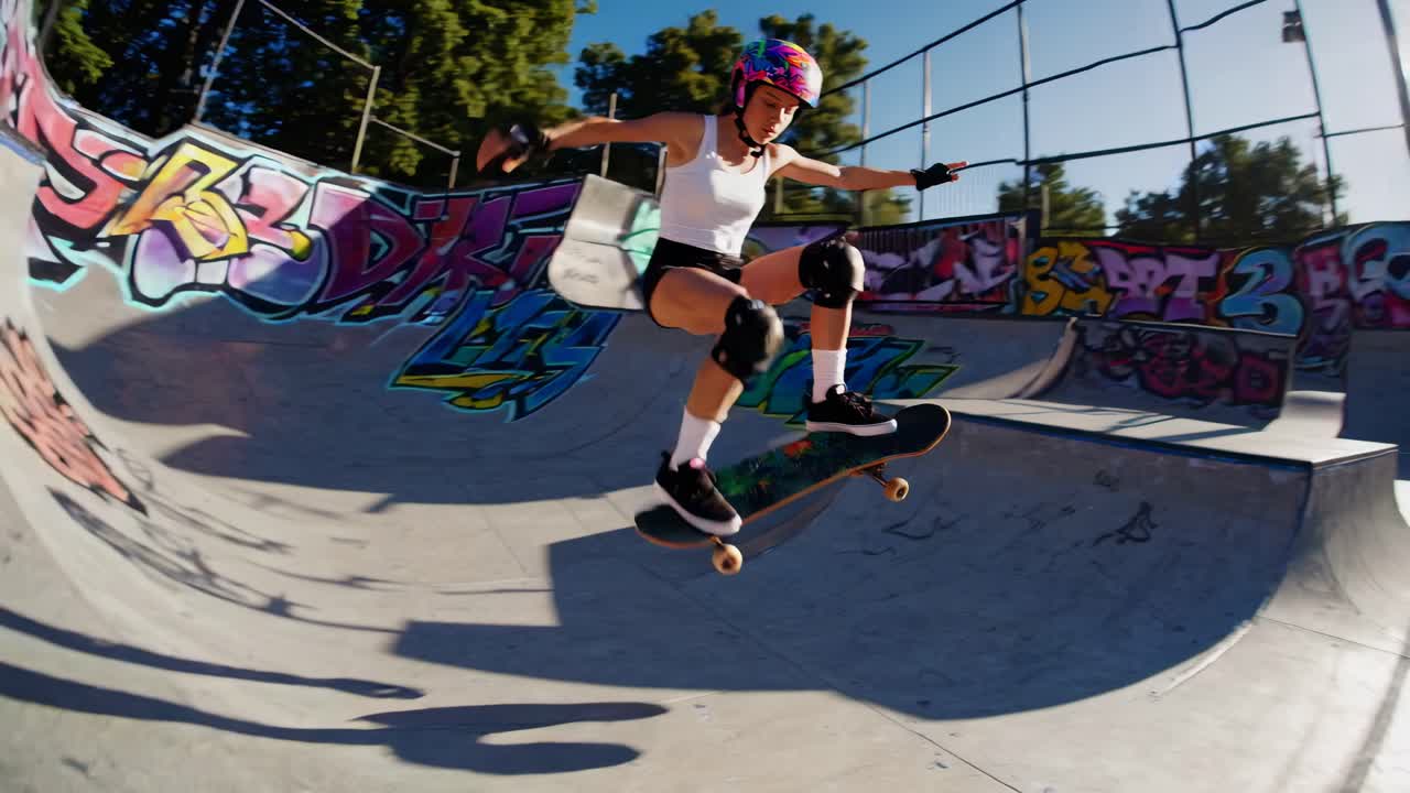 Dynamisk videoklip filmet nedefra af en skateboarder midt i et spring i en graffitibeklædt skatepark.